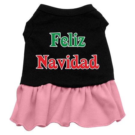 Feliz Navidad Screen Print Dress Black with Pink Sm